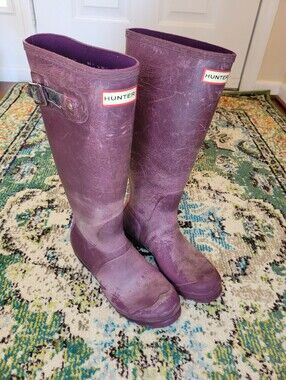 Hunter Purple Tall Rubber Outdoor Rain Boots, Size Womens EU 38 US 8